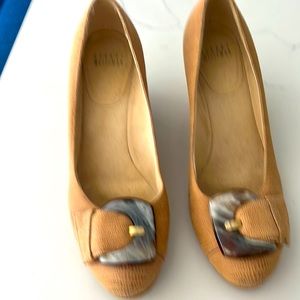 Stuart Weitzman-size 7.5 w-lightly used tan wedges with adorable shell buckle.